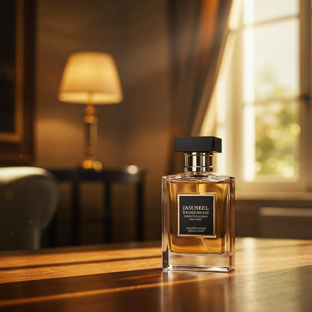 Flacon de parfum homme dans un cadre intérieur sophistiqué avec lumière naturelle dorée