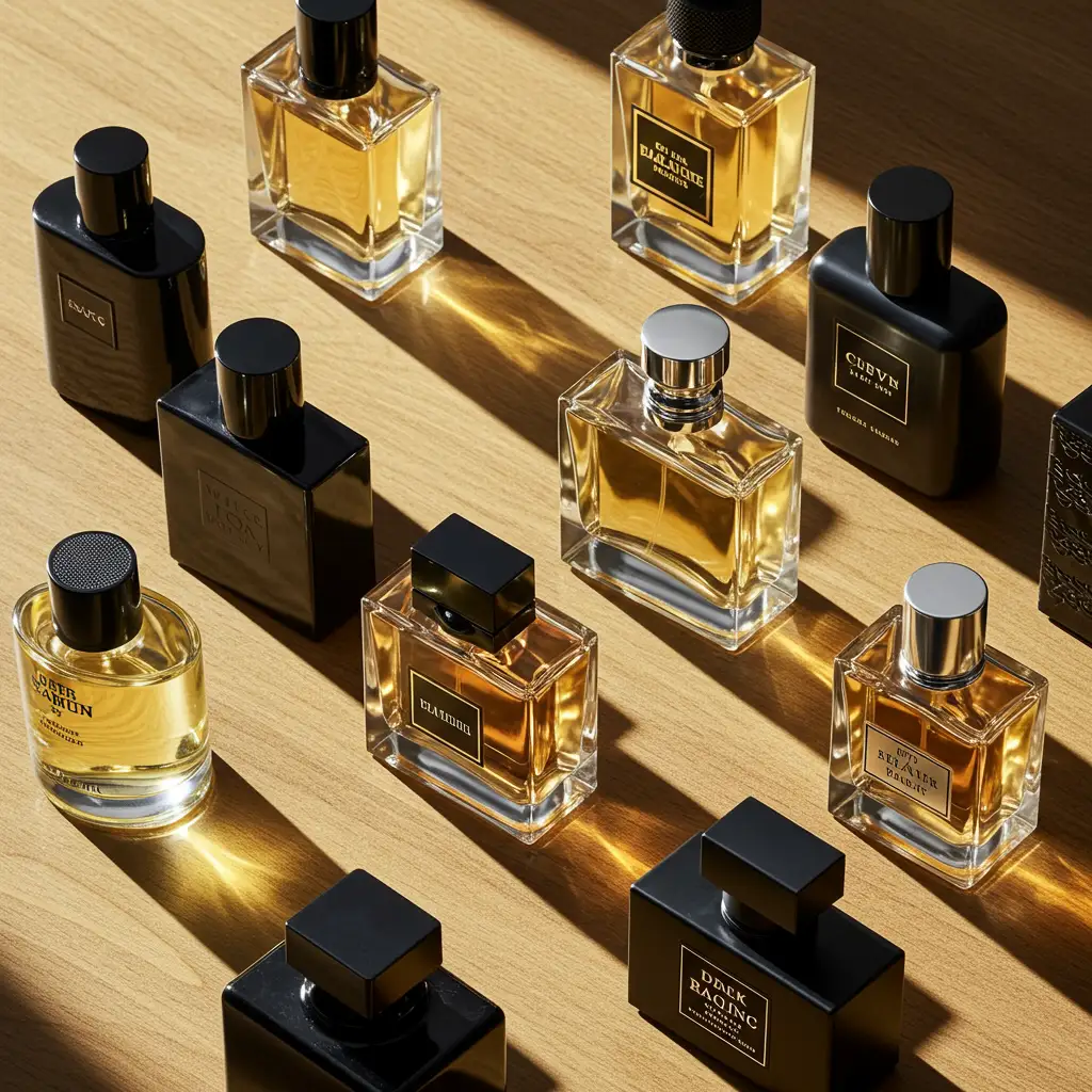 Rangée de flacons de parfum homme classés par prix avec éclairage naturel chaleureux