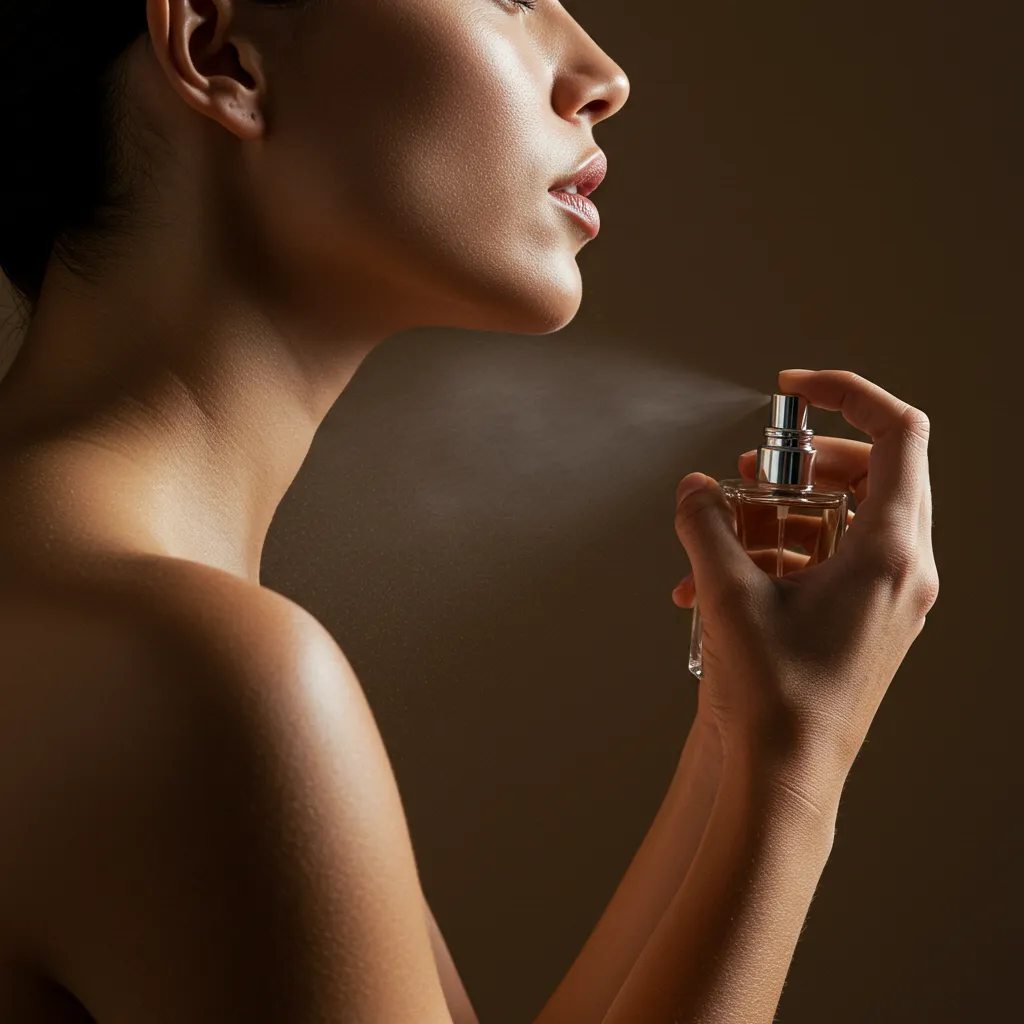 Détail technique d'application de parfum sur poignet avec flacon élégant en arrière-plan