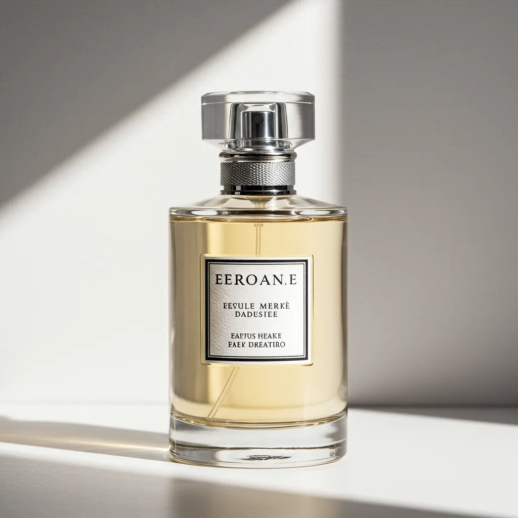 Gros plan d'un flacon de parfum haut de gamme rétroéclairé par la lumière naturelle