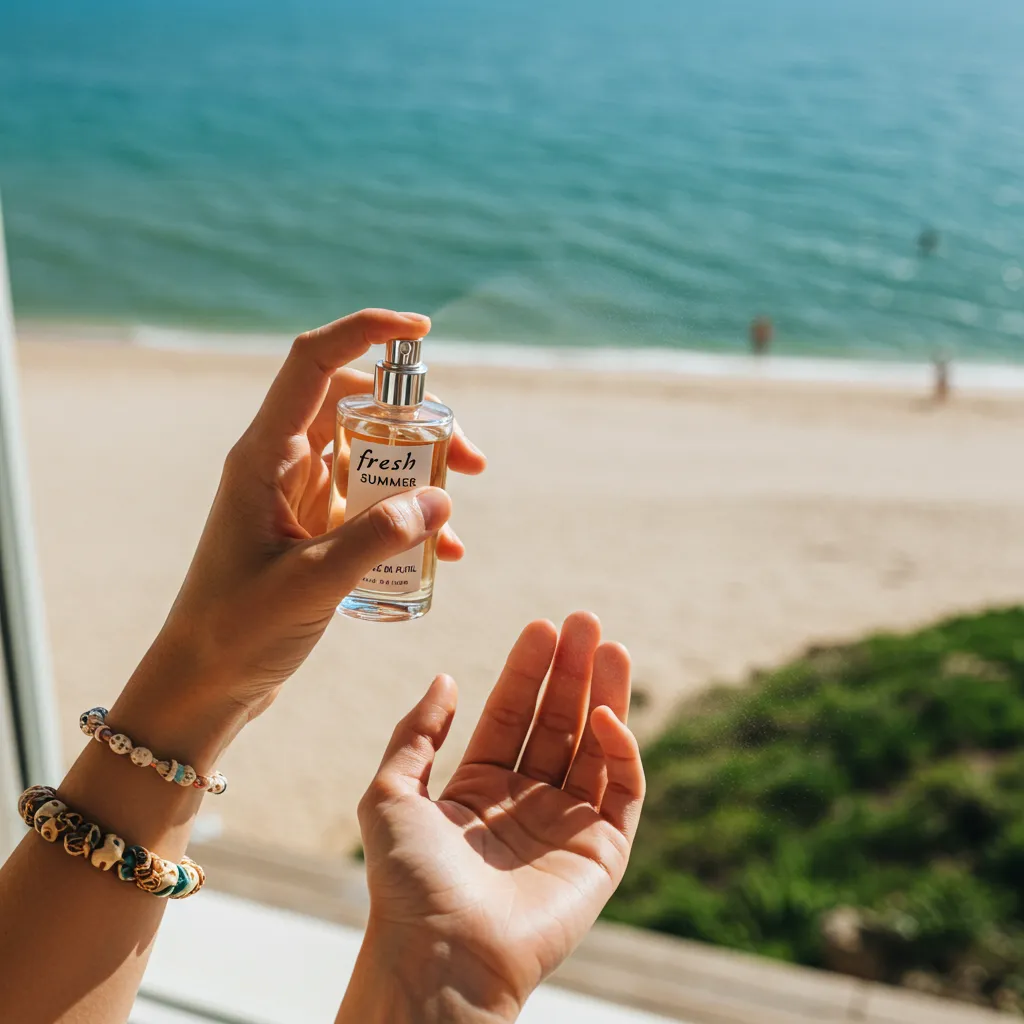 Application d'un parfum frais en été avec lumière naturelle et ambiance estivale en arrière-plan