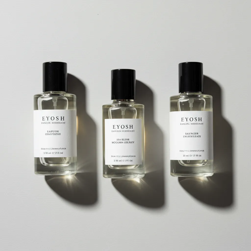 Trois flacons de parfum en différentes concentrations (EDT, EDP, Eau fraîche) photographiés de dessus