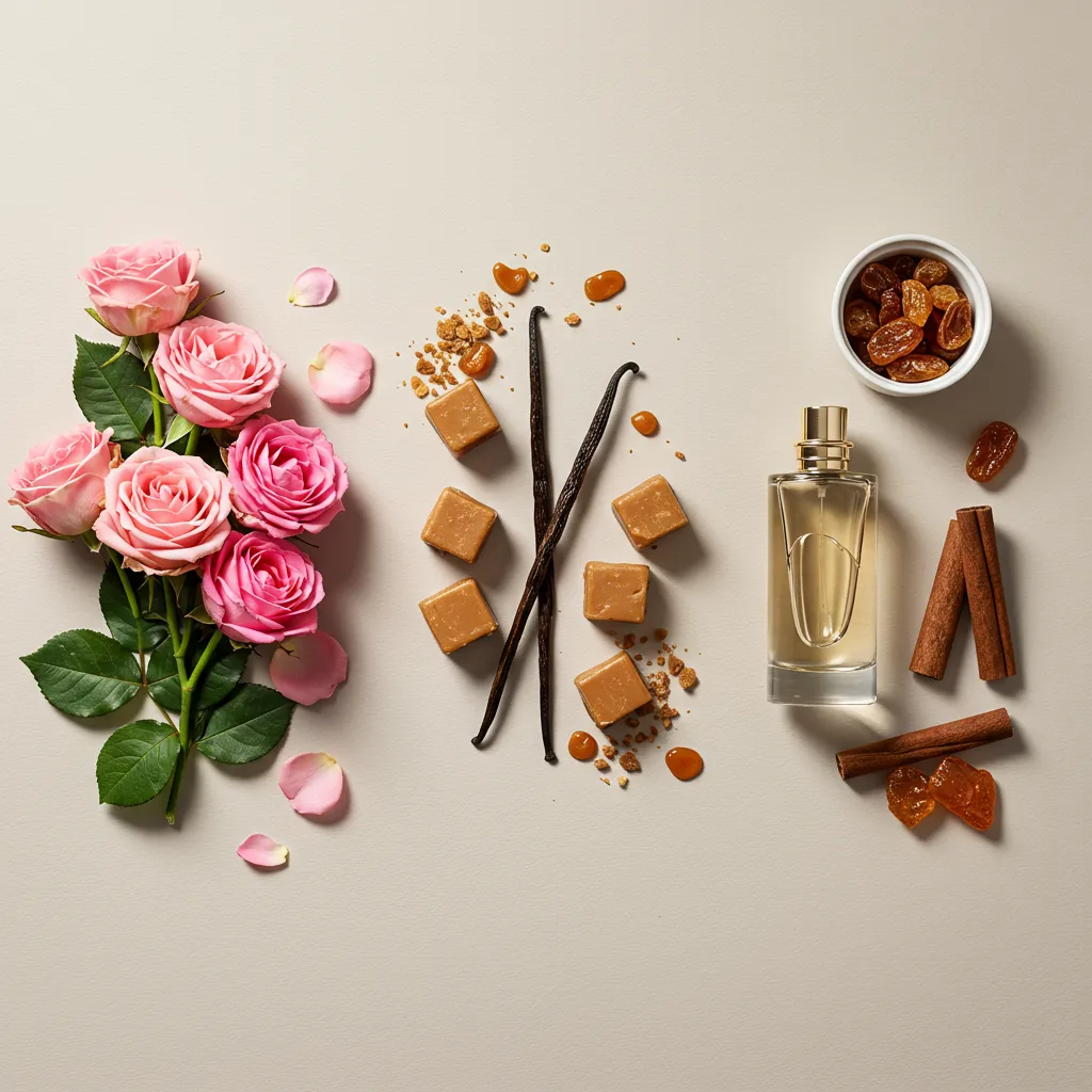 Représentation visuelle des trois catégories de parfums à la rose avec fleurs et ingrédients naturels
