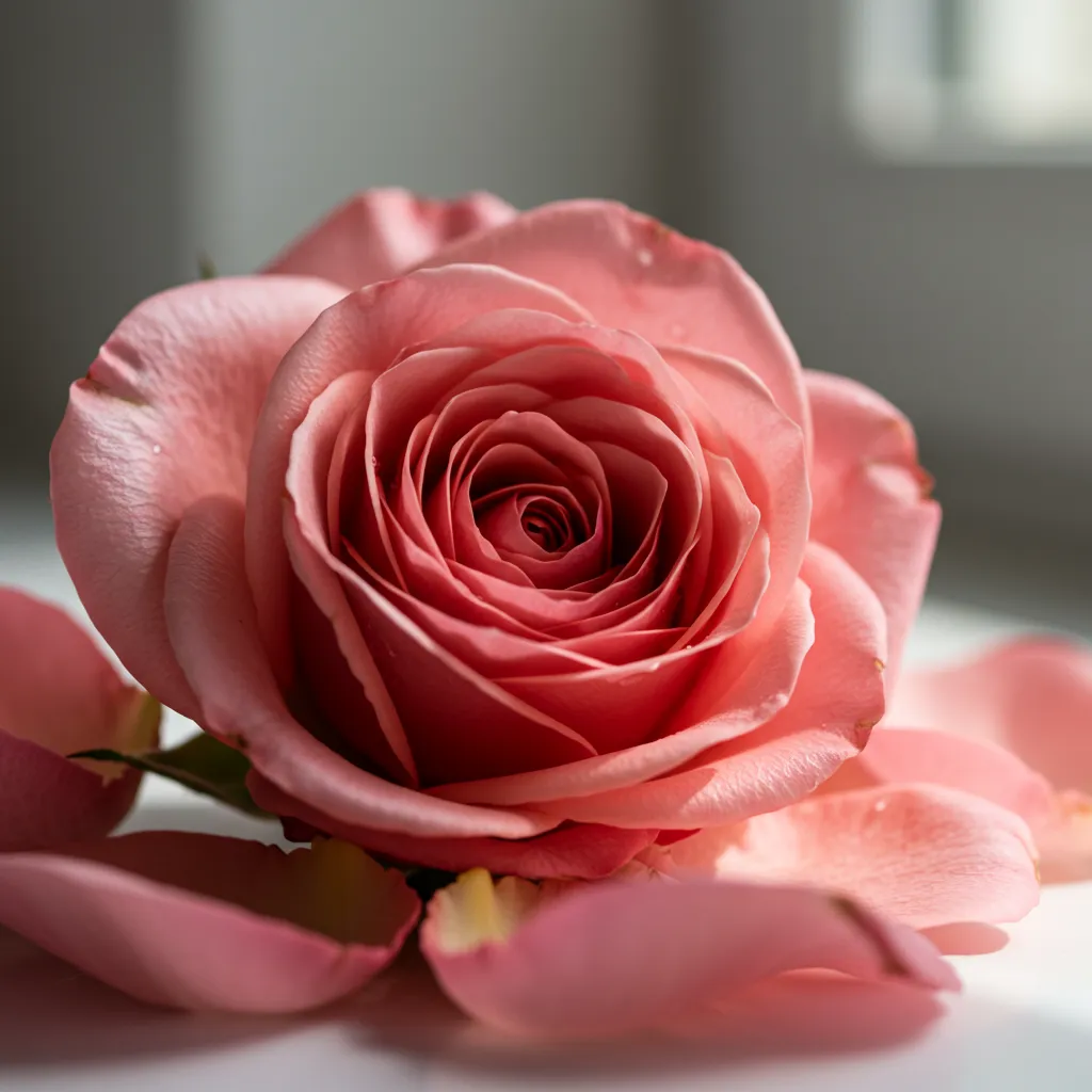 Gros plan de pétales de rose fraîche et fleurs de rose en lumière naturelle douce