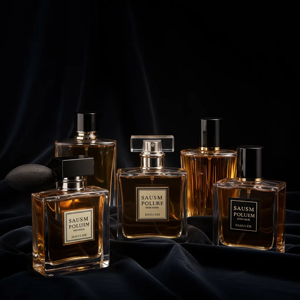 Flacons de parfum de luxe sur tissu velours avec éclairage dramatique et ambiance sensuelle