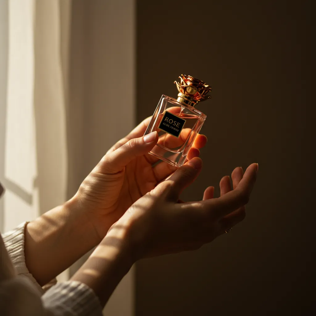 Mains tenant un flacon de parfum à la rose en lumière naturelle dorée, moment d'examen du produit