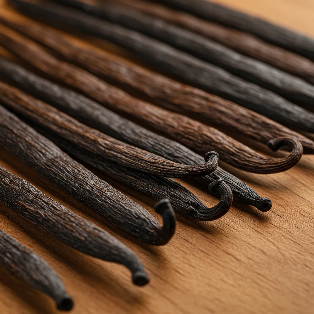 Gousses de vanille de différentes origines (Madagascar, Tahiti, Mexique) sur une surface en bois naturel