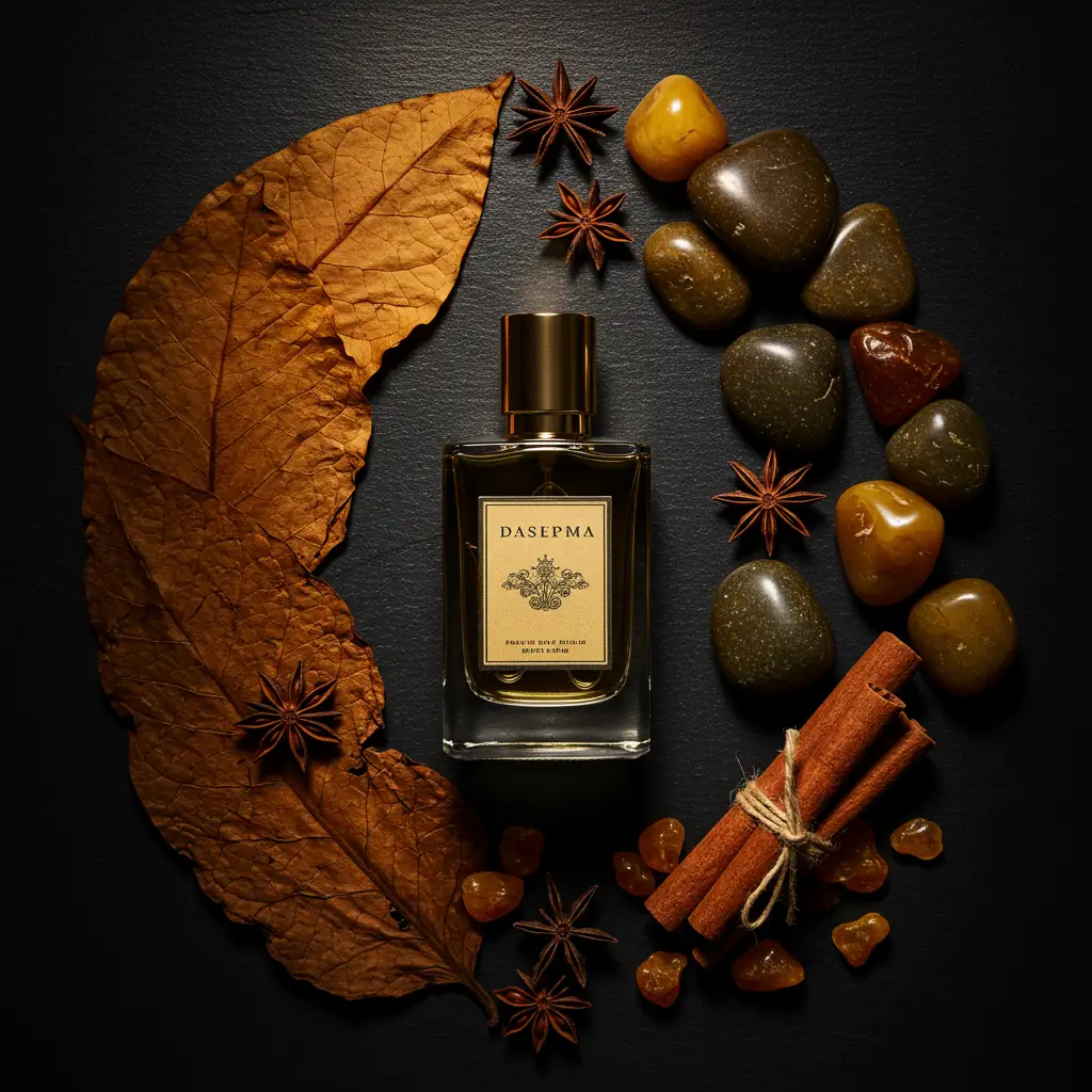 Composition de luxe avec flacon de parfum, feuilles de tabac et épices chaudes sur fond sombre