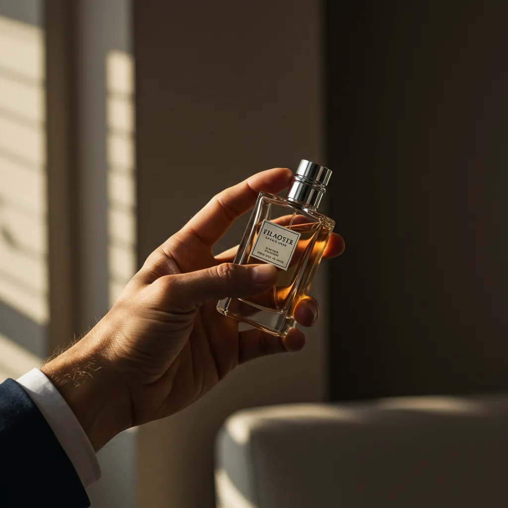 Main masculine tenant un flacon de parfum dans une lumière naturelle douce et élégante