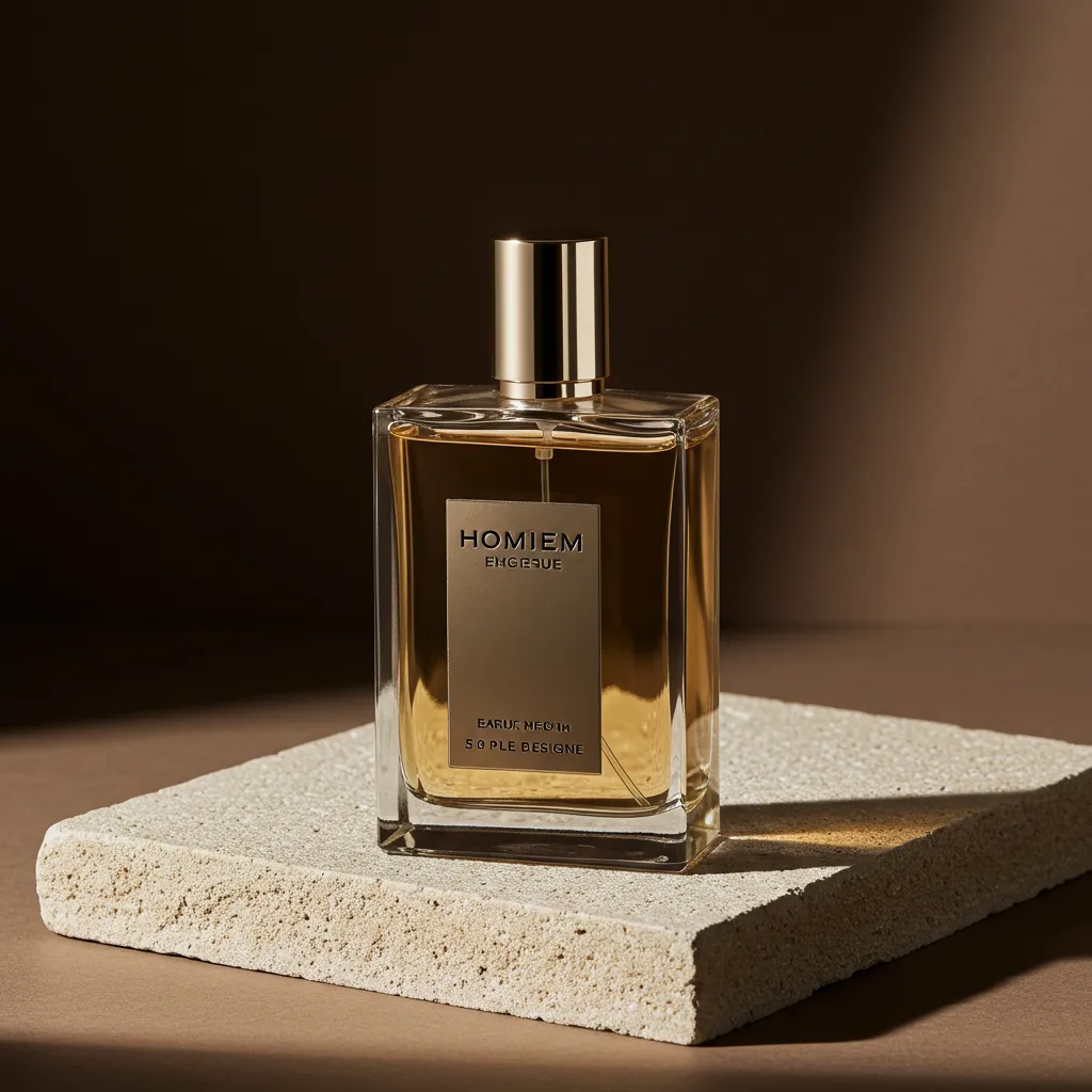 Flacon de parfum premium posé sur pierre naturelle avec éclairage studio doux et minimaliste