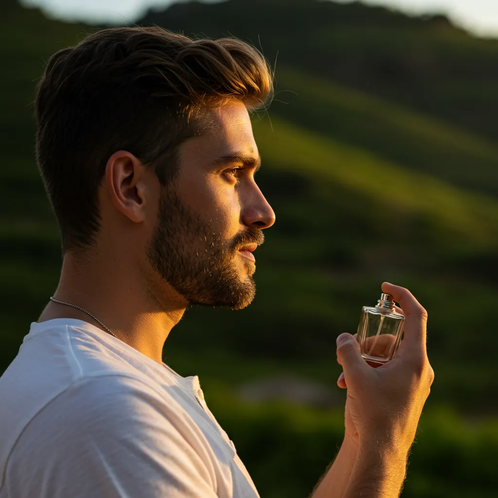 Homme appliquant un parfum dans une ambiance estivale lumineuse avec soleil naturel