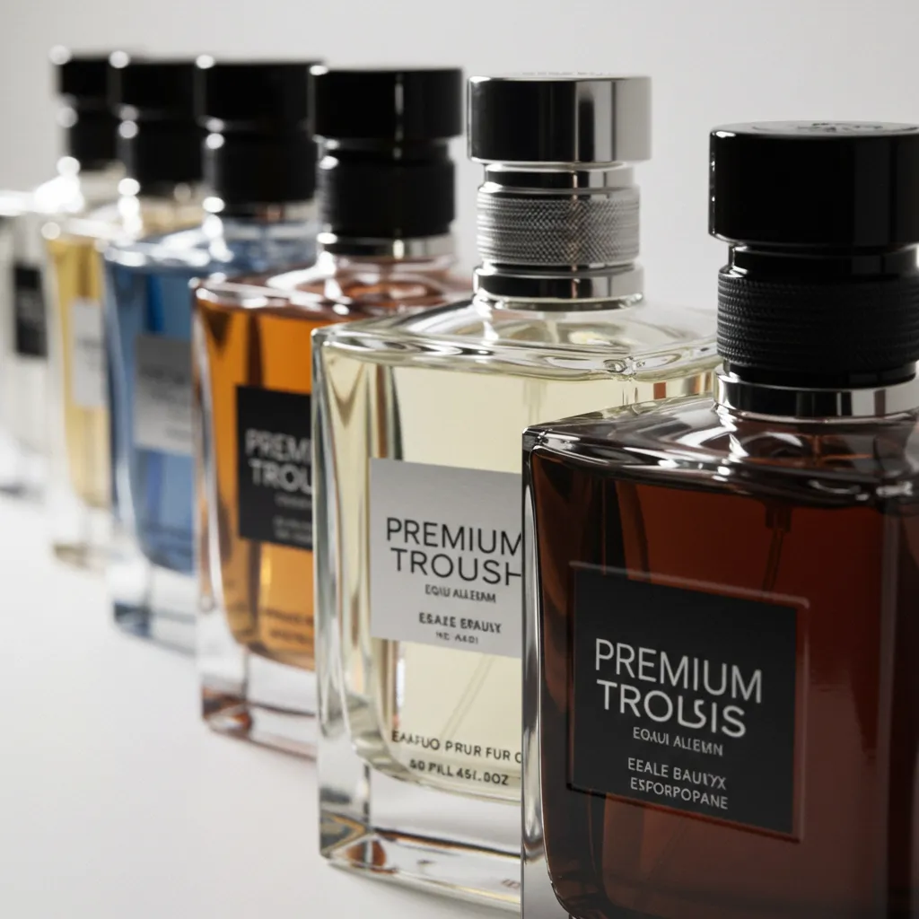 Rangée de flacons de parfum homme premium photographiés de face avec éclairage studio