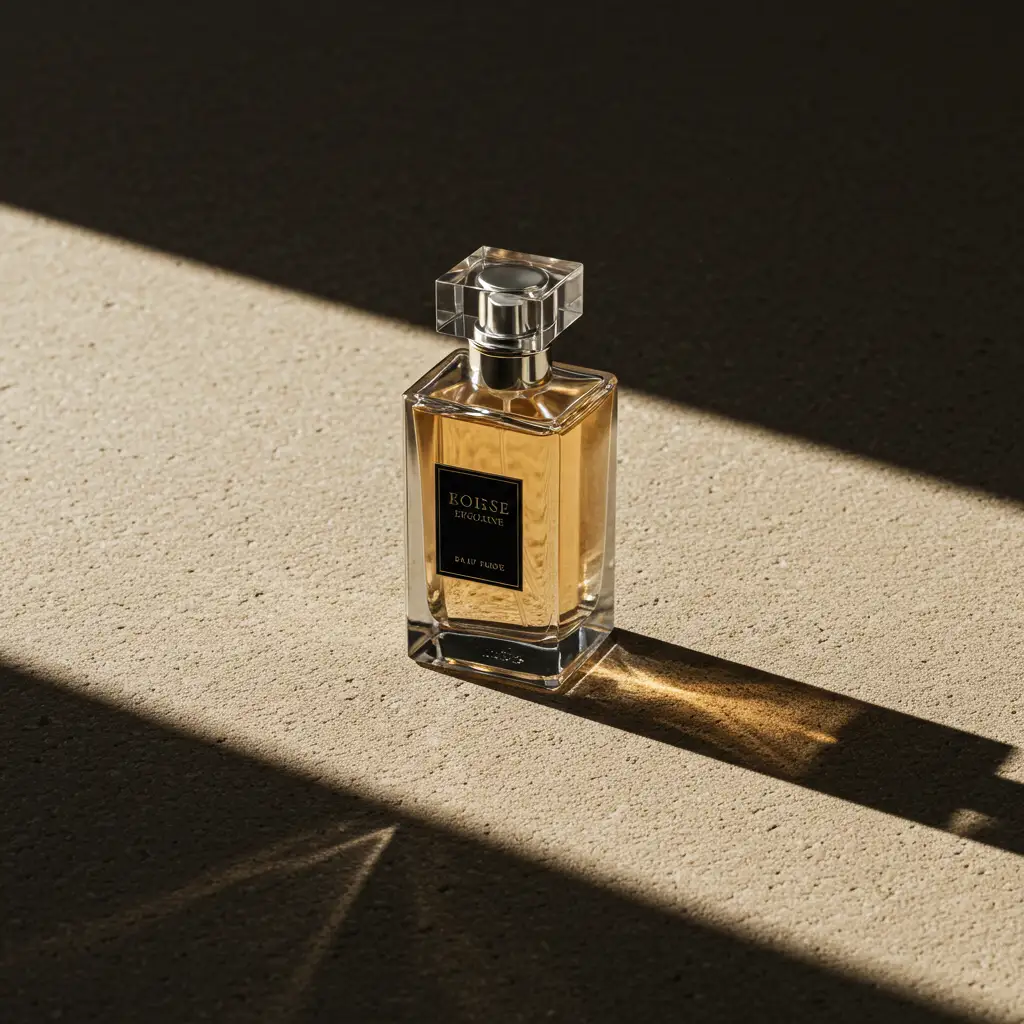 Flacon de parfum unique photographié en lumière dorée avec ombres dramatiques