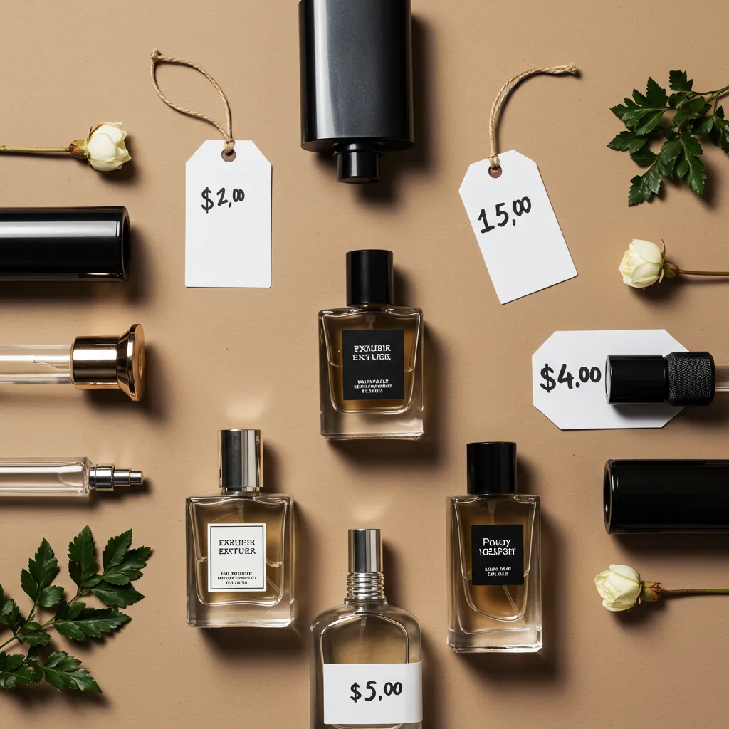 Vue de dessus de plusieurs flacons de parfum avec éléments de comparaison de prix