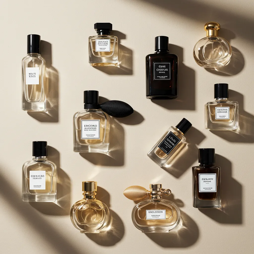 Vue de dessus d'une collection de parfums Guerlain pour homme disposés de manière artistique avec éclairage naturel