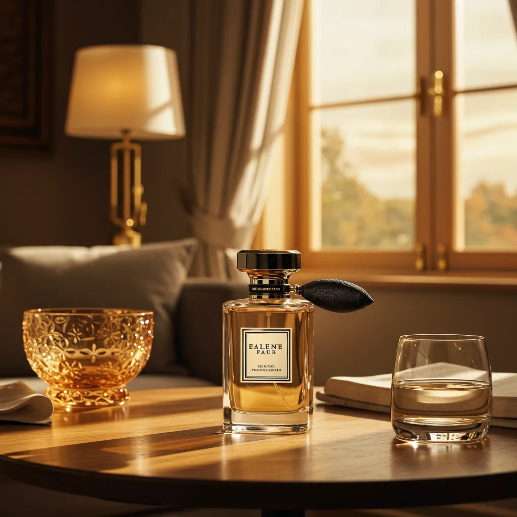Flacon de parfum Guerlain dans un décor intérieur élégant avec éclairage naturel chaleureux créant une ambiance luxueuse