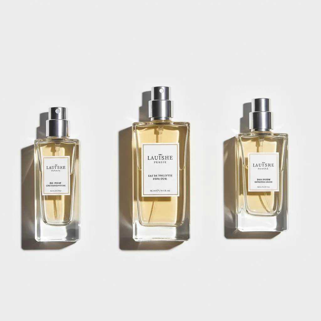 Comparaison visuelle de trois types de concentrations de parfum disposés en flat lay avec éclairage studio
