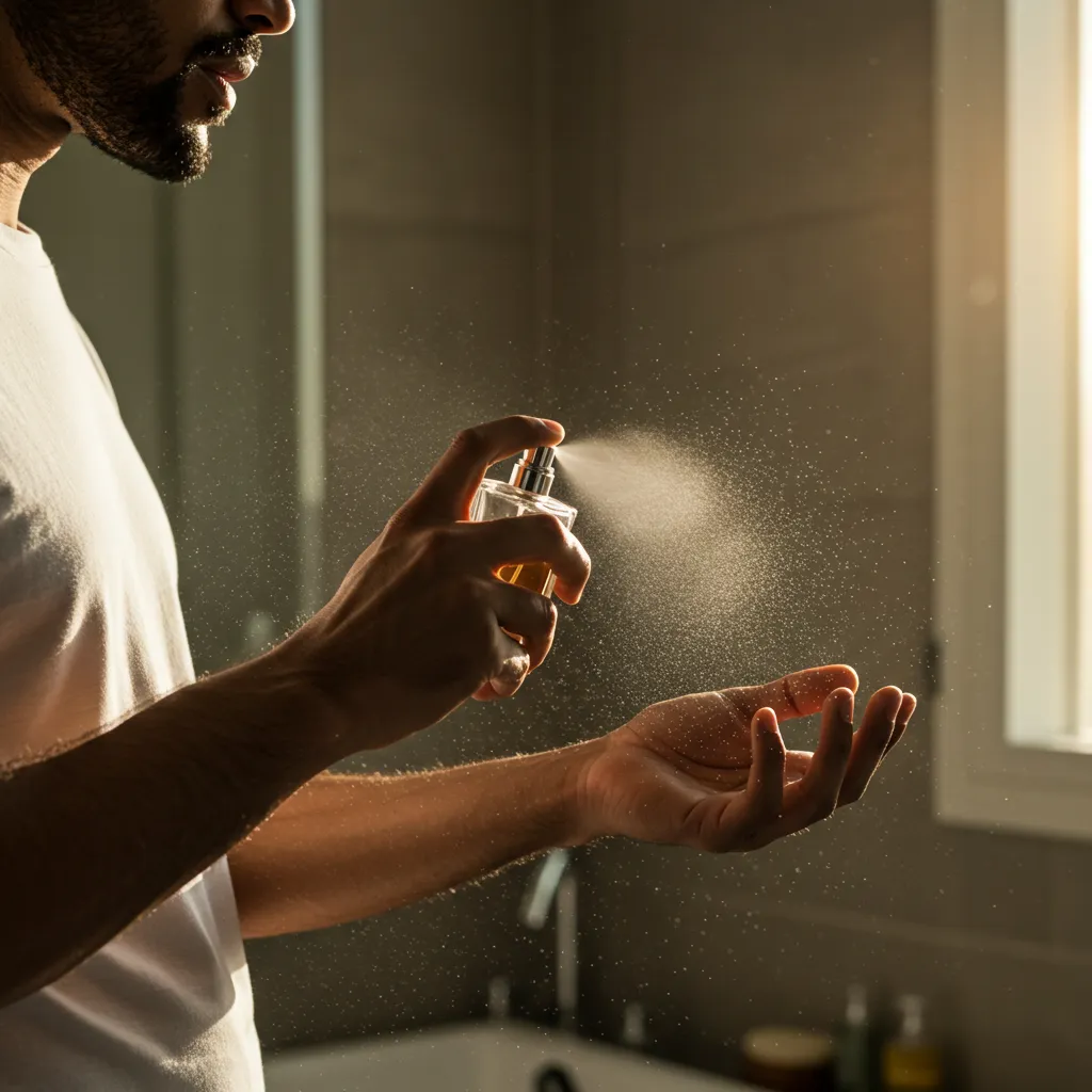 Application d'eau de toilette sur les points de pulsation du cou et du poignet en lumière naturelle matinale