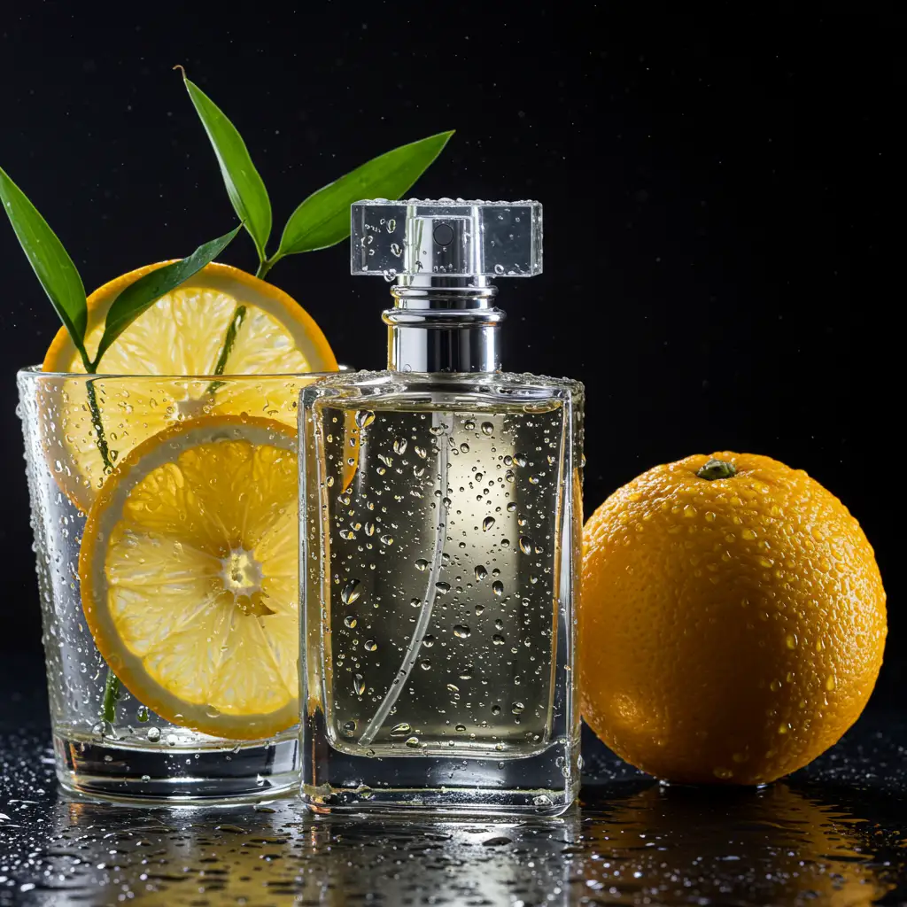 Flacon d'eau de toilette avec gouttelettes d'eau et éléments d'agrumes frais en gros plan avec éclairage studio
