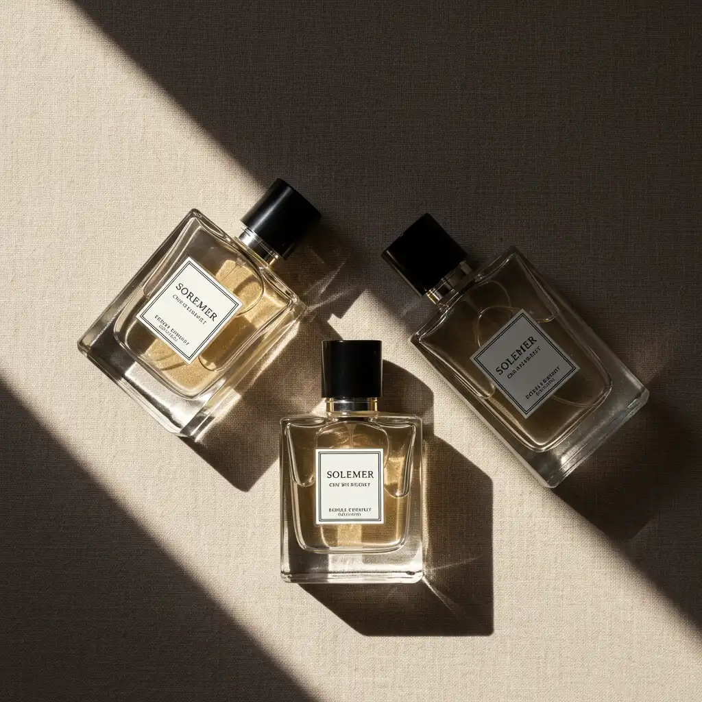Trois flacons de parfum Gentleman dans leurs différentes versions disposés en composition plate
