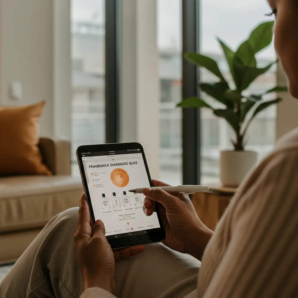 Personne réalisant un diagnostic parfum en ligne sur un appareil numérique
