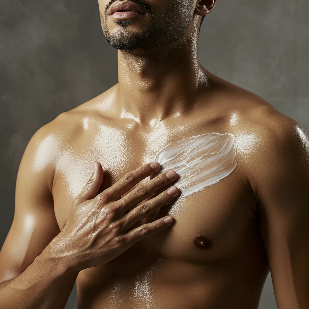 Préparation de la peau après la douche avec application de crème hydratante neutre