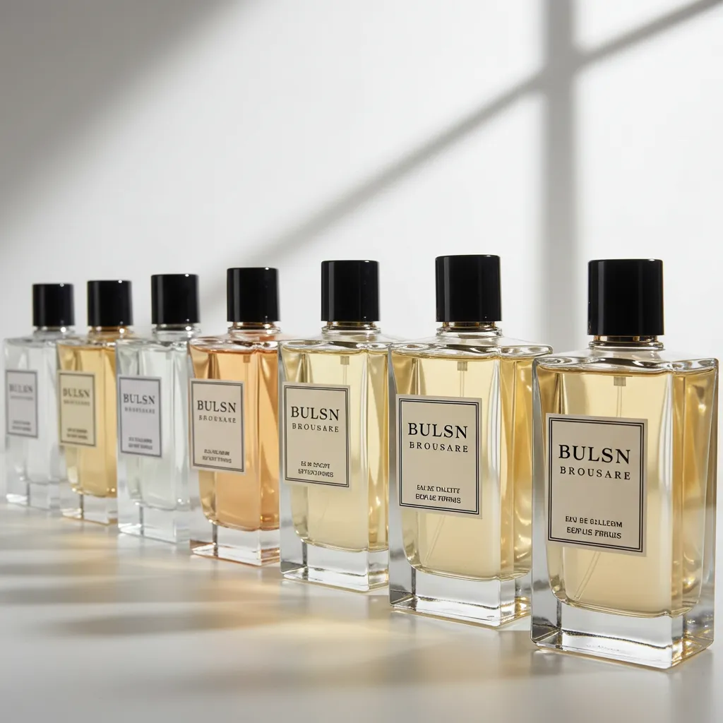 Différentes concentrations de parfum et eaux de toilette alignées pour comparaison