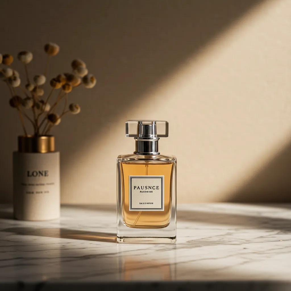 Flacon d'Eau de Parfum élégant photographié de face avec éclairage naturel sur surface en marbre