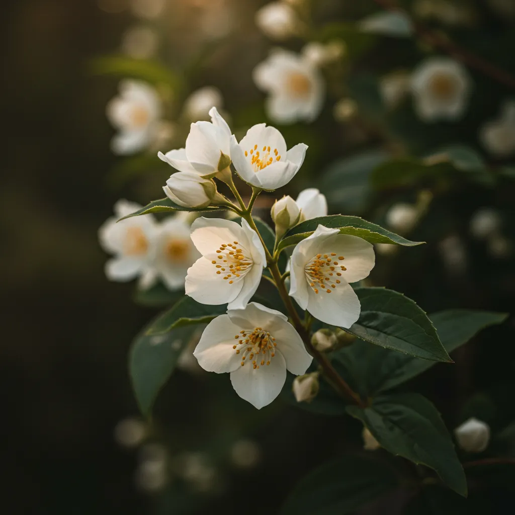 Fleurs de jasmin blanc en épanouissement sur la vigne en lumière naturelle douce et diffuse