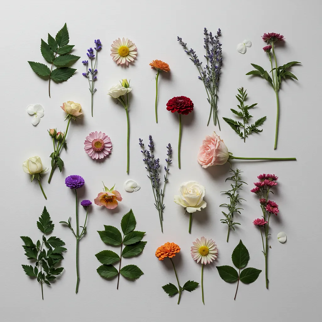Arrangement plat de diverses fleurs essentielles en parfumerie vue de dessus en lumière studio douce
