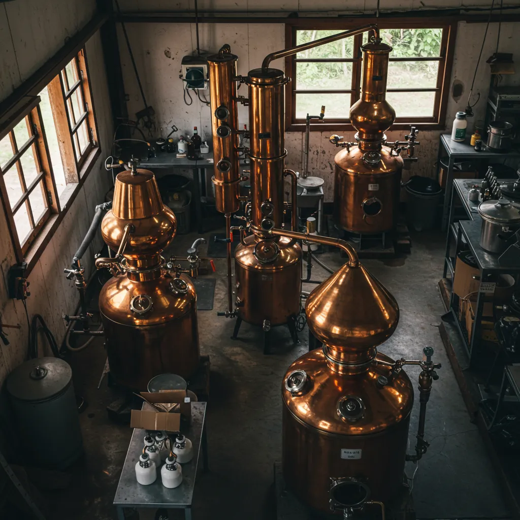 Alambics de distillation d'ylang-ylang dans une installation de production aux Comores ou Mayotte