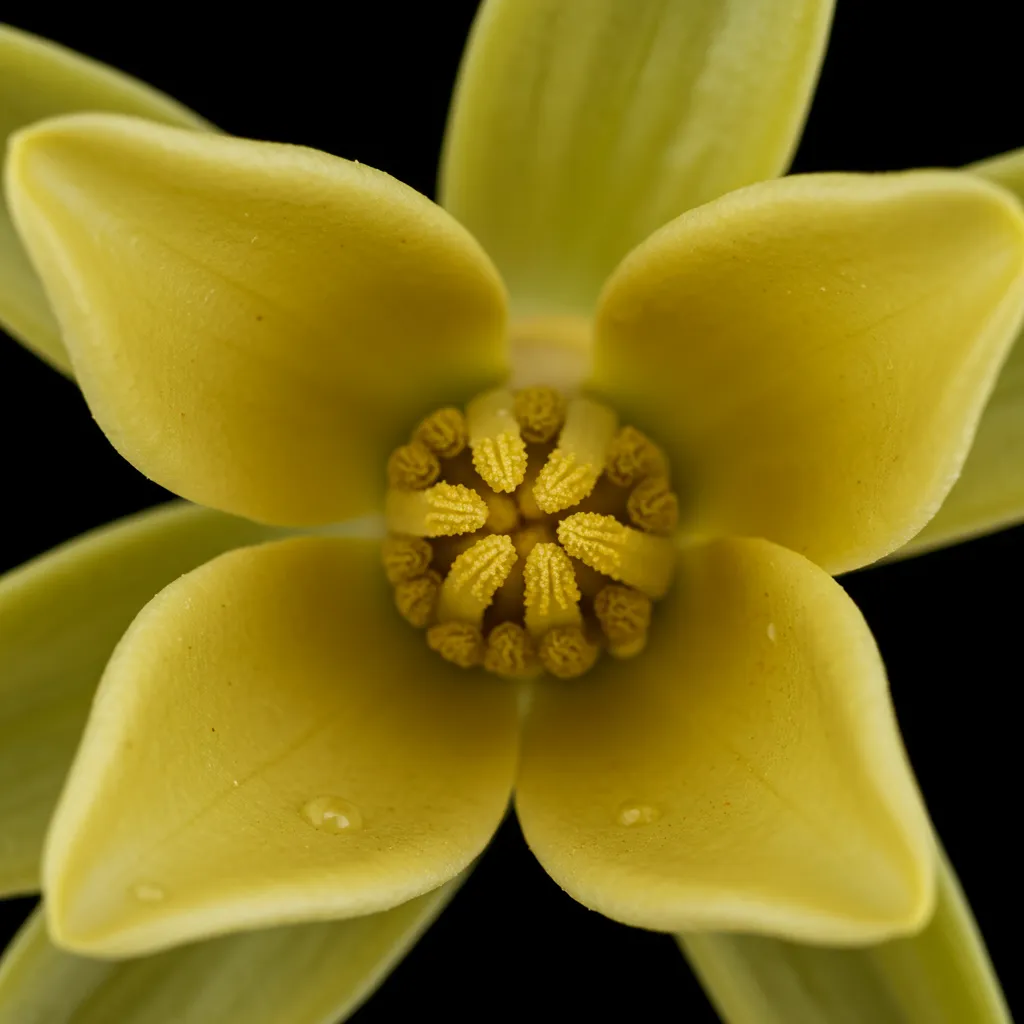 Gros plan détaillé des pétales et étamines de fleur d'ylang-ylang montrant sa structure délicate