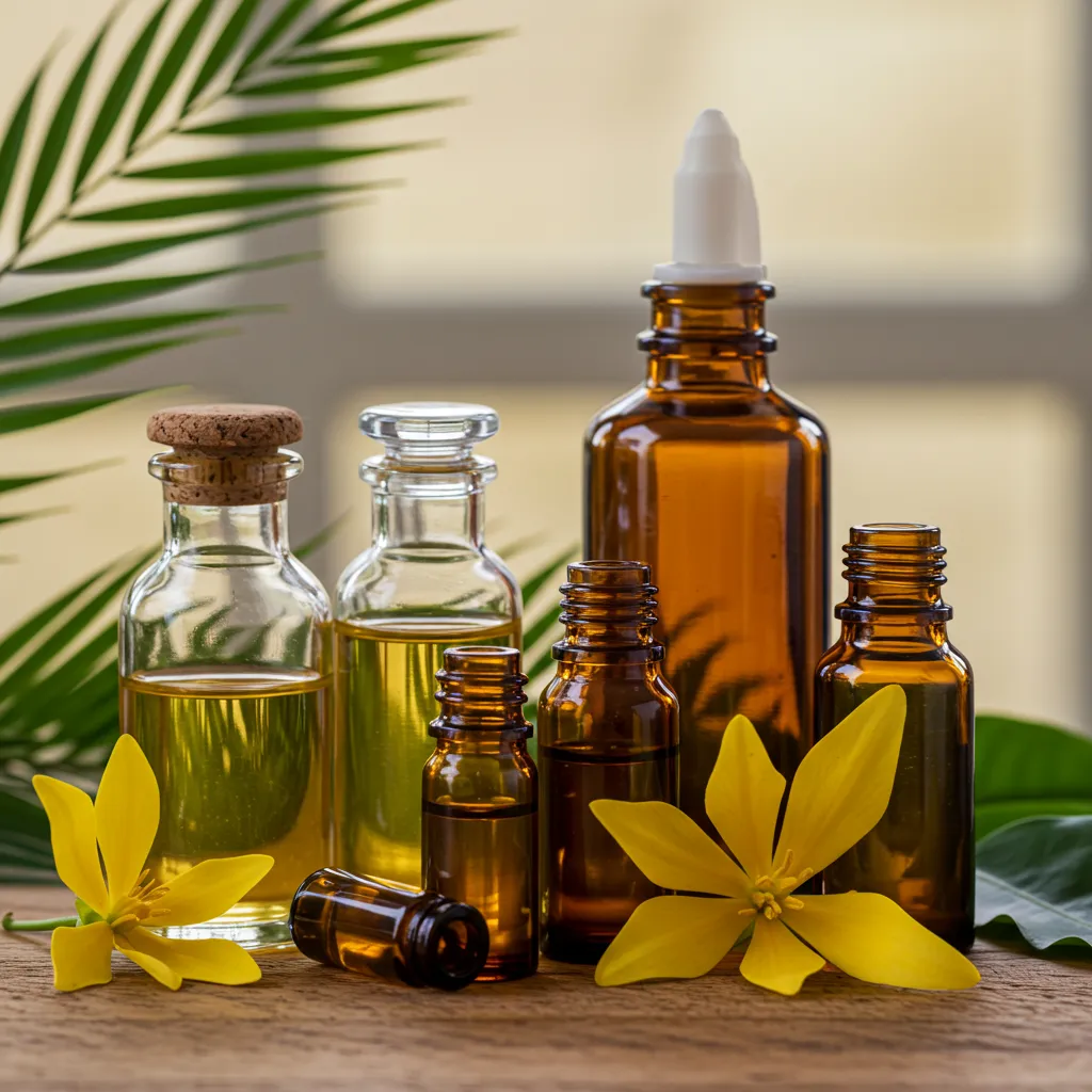 Flacons d'huile essentielle d'ylang-ylang de luxe présentés sur surface naturelle avec éclairage doux