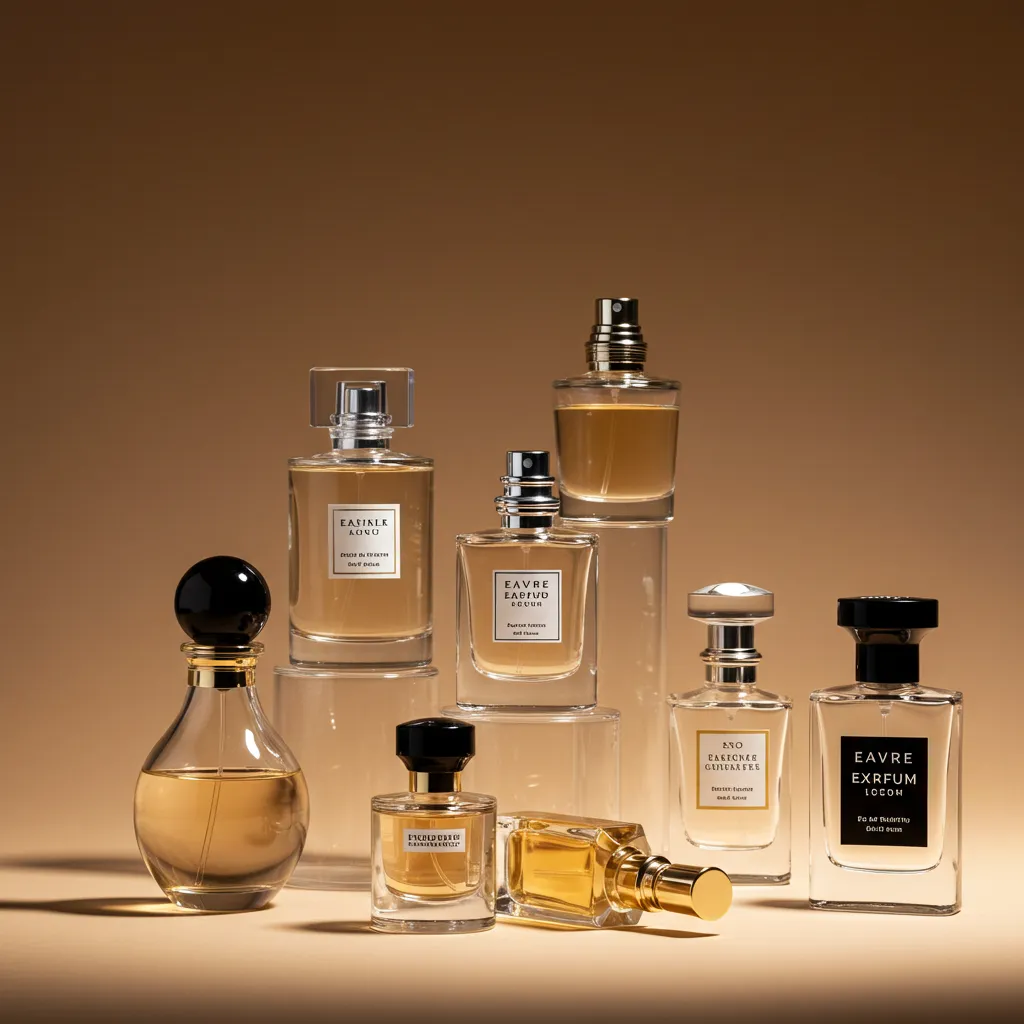 Trois bouteilles de parfum de différentes concentrations (EDP, EDT, Extrait) alignées avec éclairage studio