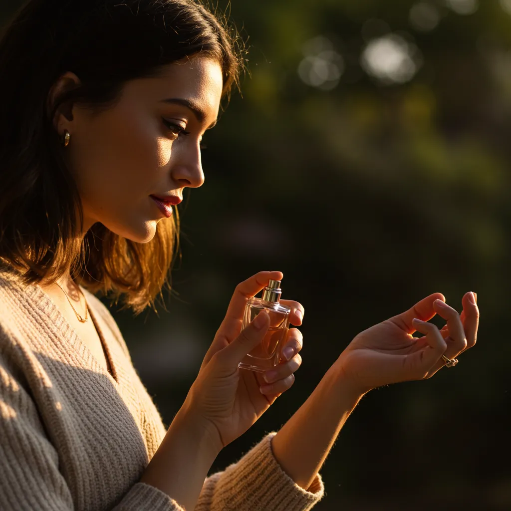 Femme vérifiant la tenue de son parfum sur son poignet en fin d'après-midi, lumière dorée naturelle