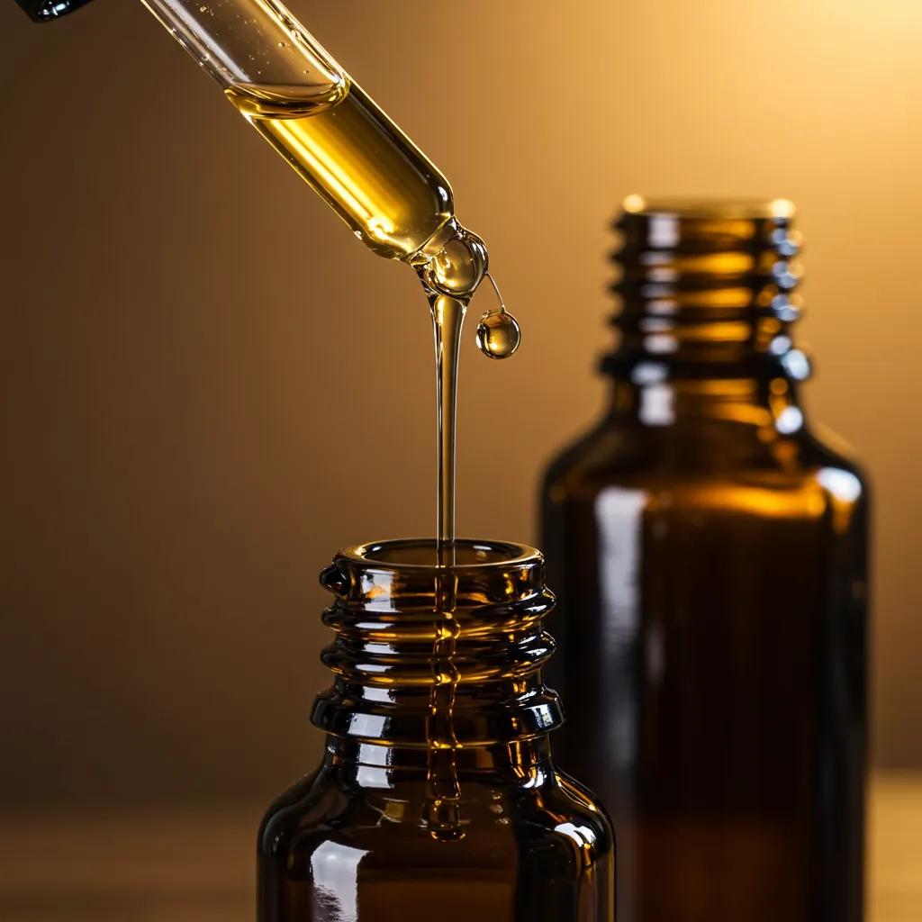 Préparation du parfum huileux avec versement d'huile de jojoba et pipette d'huiles essentielles