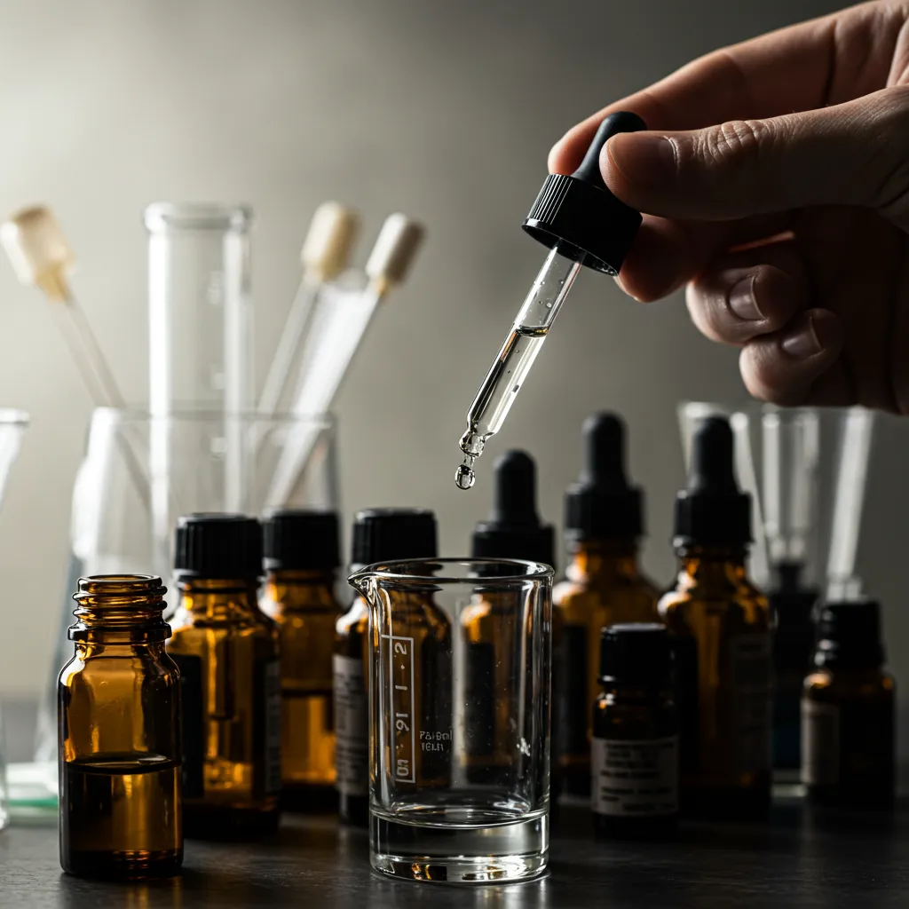 Gros plan sur la préparation d'un parfum avec pipette et flacons d'essences