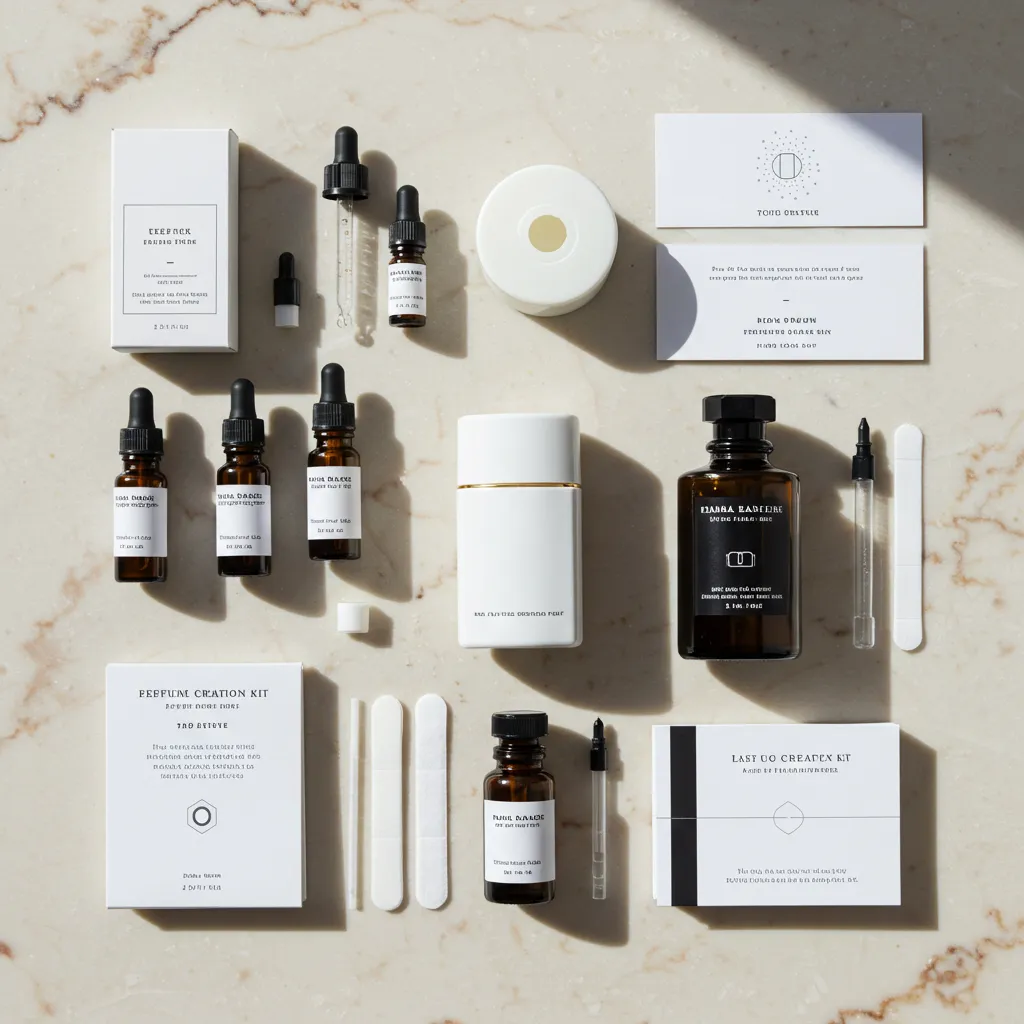 Vue de dessus d'un kit DIY de création de parfum avec tous les accessoires nécessaires