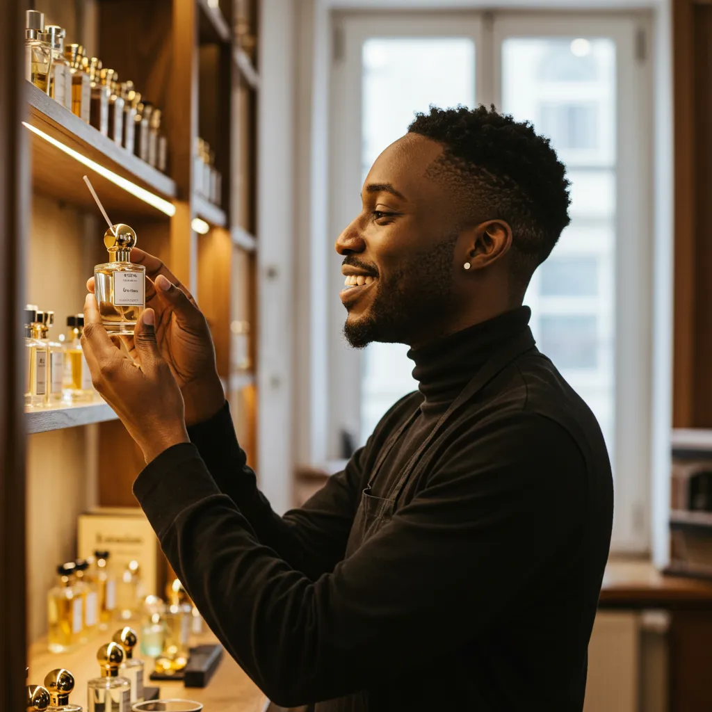 Portrait d'une personne satisfaite tenant son flacon de parfum personnalisé créé en atelier