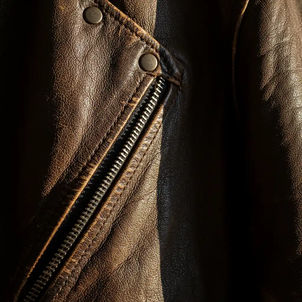 Détail de cuir patiné illustrant l'accord olfactif cuir du parfum