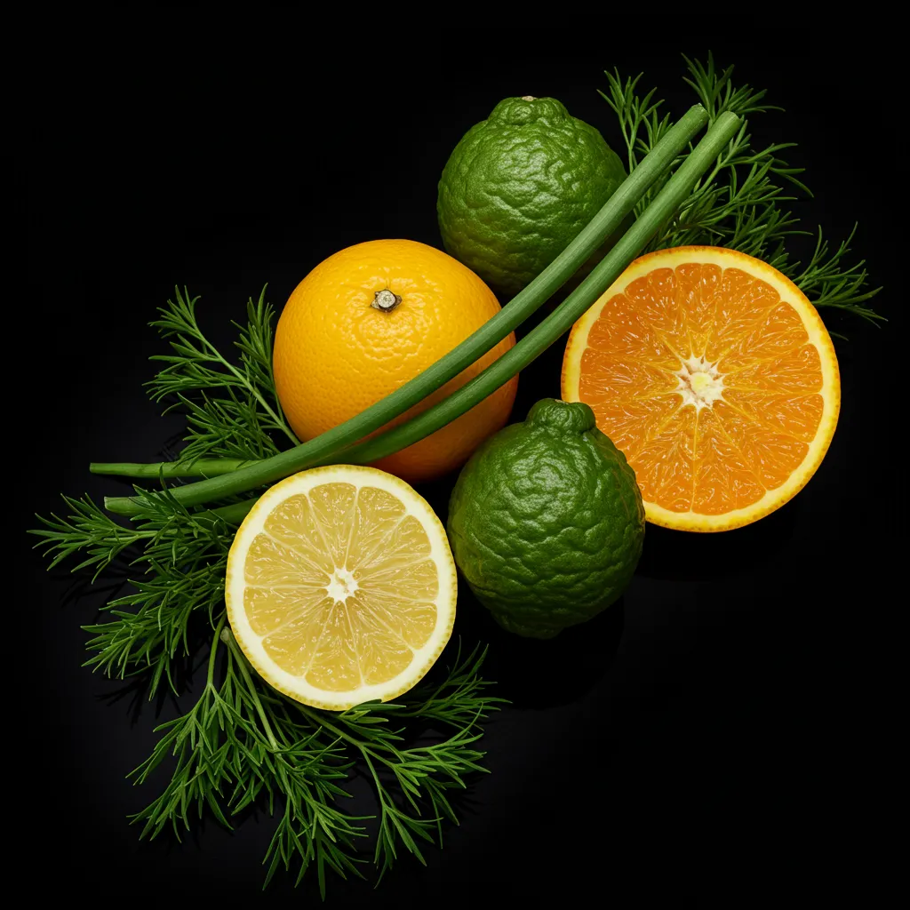 Gros plan des agrumes frais et du vétiver vert illustrant la composition olfactive du parfum