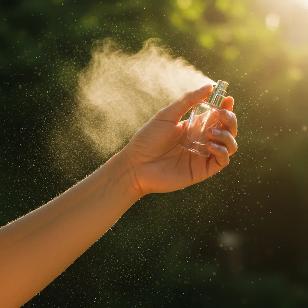 Application du parfum sur la peau avec une projection légère et fraîche en lumière naturelle