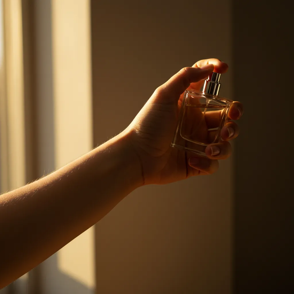Gros plan d'une main testant un parfum avec éclairage naturel chaleureux
