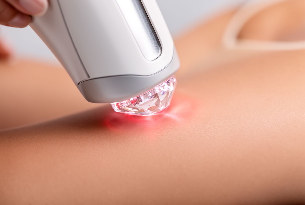 Pièce à main d’un laser d’épilation avec embout refroidissant appliqué sur la peau