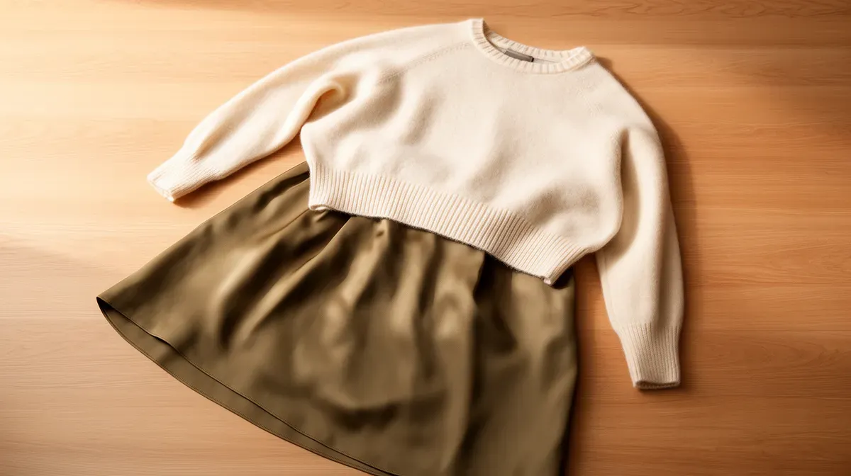 Jupe midi en soie kaki et pull en cachemire crème sur une surface en bois