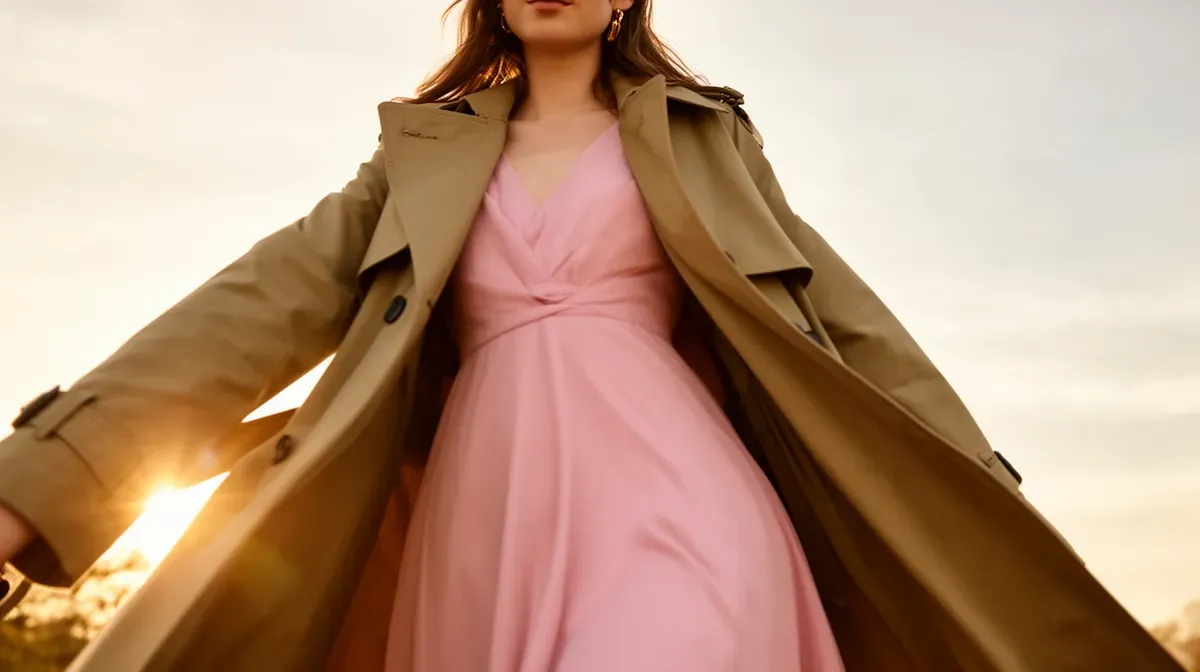 Trench kaki sur une robe rose pastel, photographié en contre-plongée à la golden hour