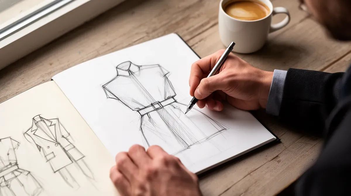 Gros plan sur les mains d'un créateur de mode dessinant un vêtement dans un atelier