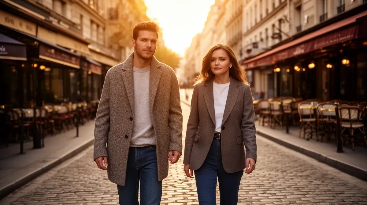 Couple élégant dans les rues de Paris portant des tenues chic décontractées Ami Paris