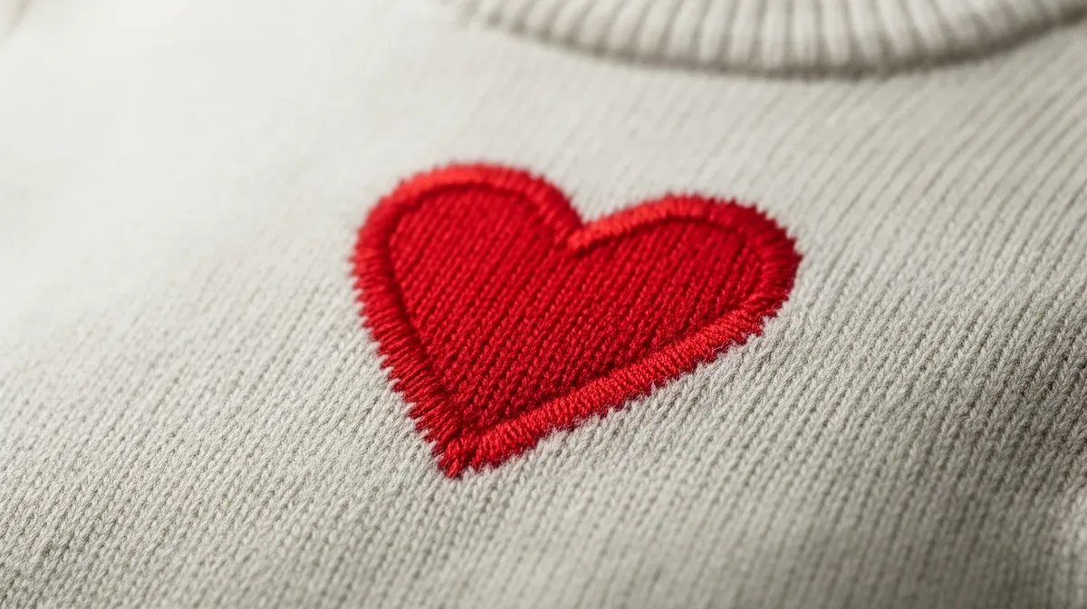 Macro du logo Ami de Cœur brodé sur un pull en laine