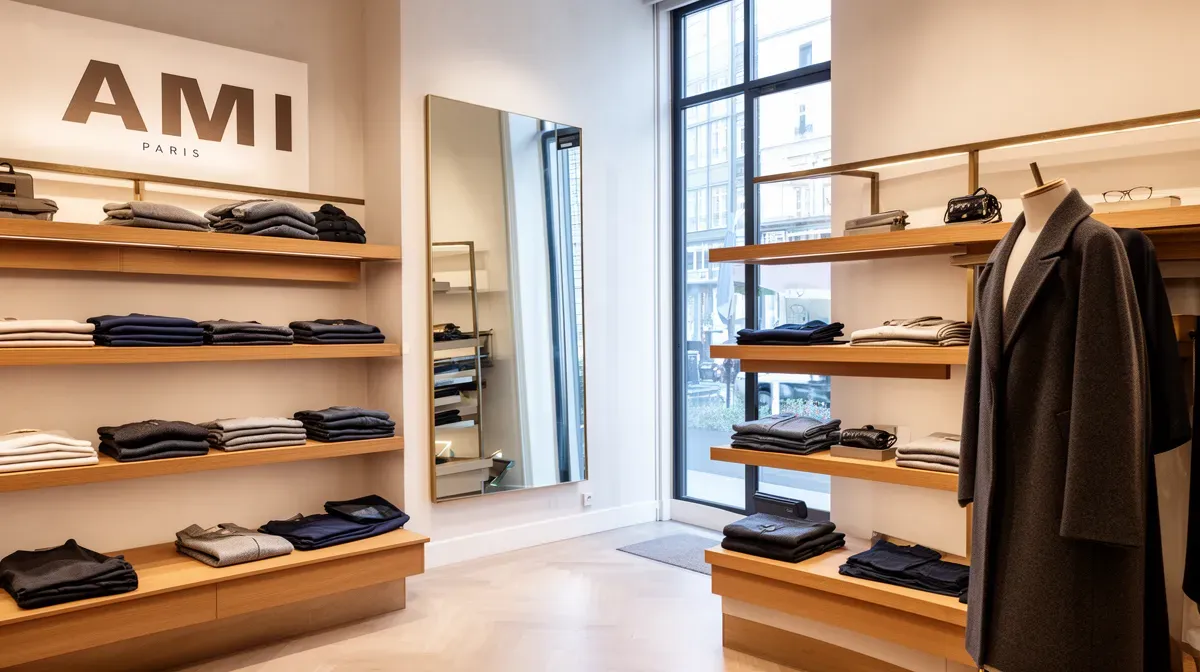 Intérieur d'une boutique Ami Paris avec vêtements exposés sur des étagères en bois